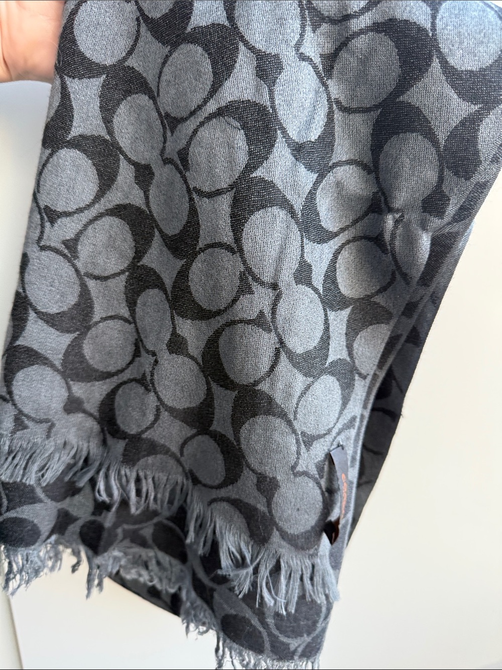Coach Signature Jacquard Fringe Scarf in Gray and Black